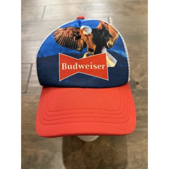 Budweiser Eagle Mens Red Blue Beer Adjustable SnapBack Trucker Hat Mesh Cap OSFM - Picture 2 of 9
